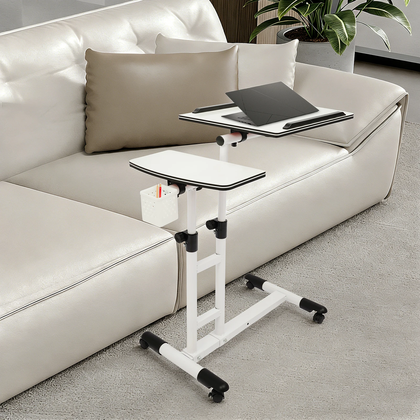 Side Table with Wheels, 65-95cm Height Adjustable Computer Table, Writing Table, Multifunctional Workstation Home Office Desk, Sturdy Carbon Steel Frame, White