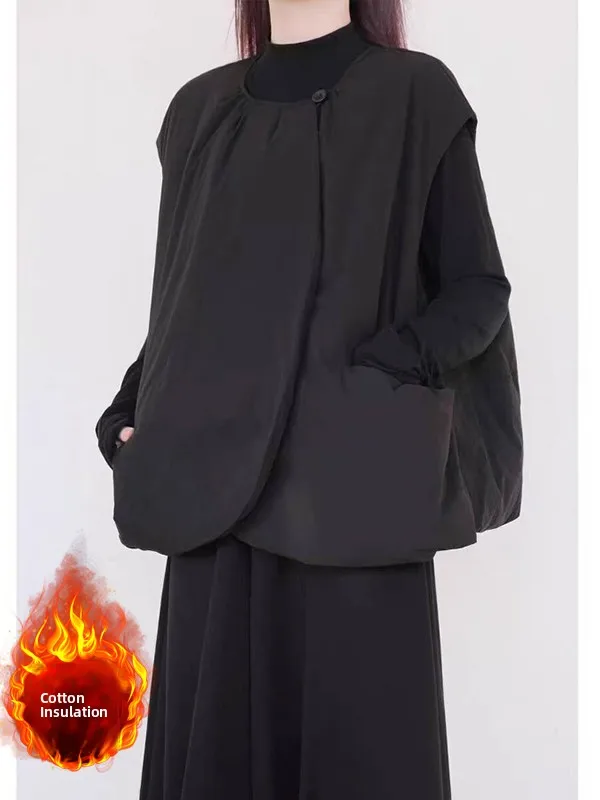 

Warm Cotton Vest Jaet Color Design Large Size Women's round Ne Svel Double ket Thermal Cotton Outerwear