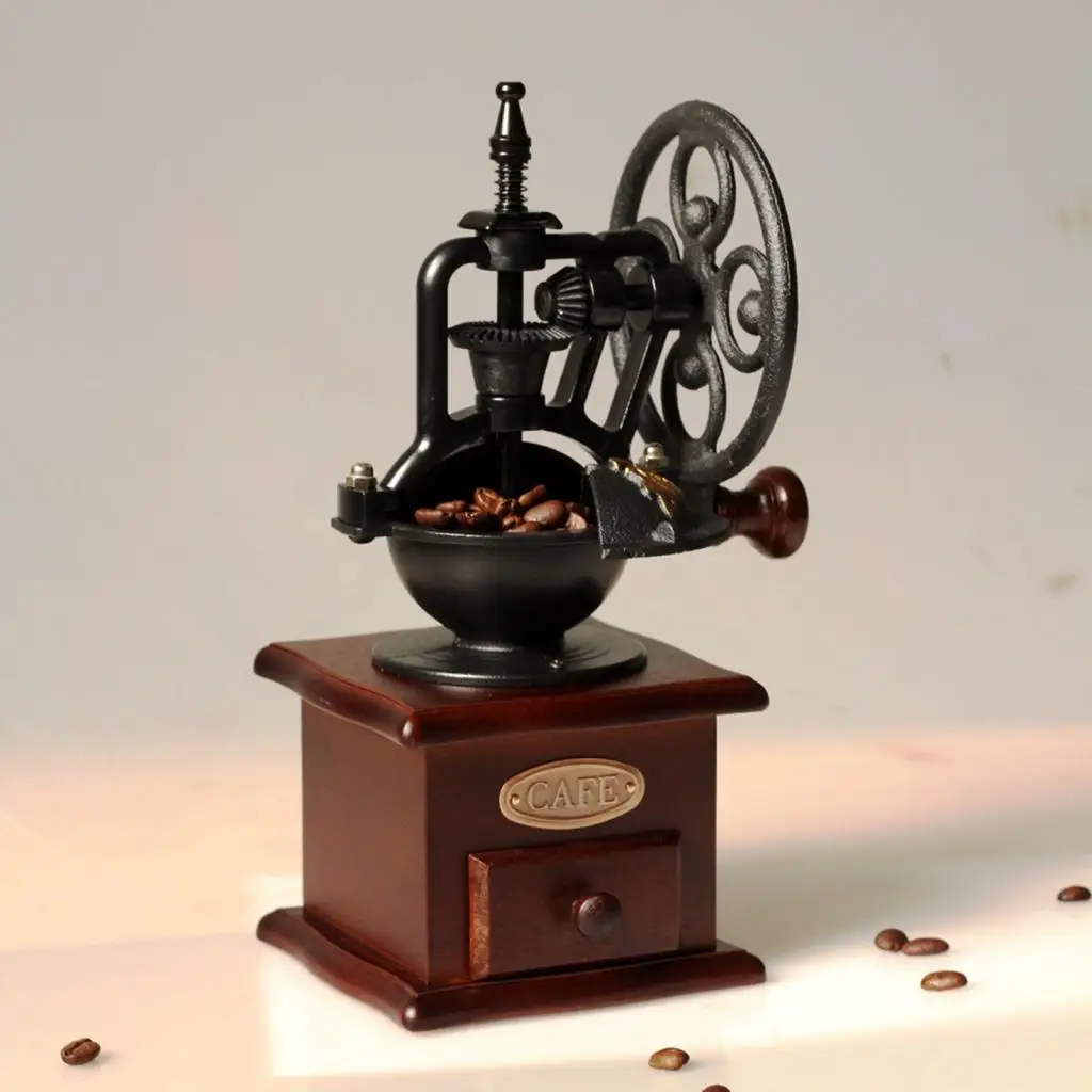 Hand Operated Coffee Grinder Retro Wooden Design with Ceramic Burr Drawer Catch for Perfect Ground Beans