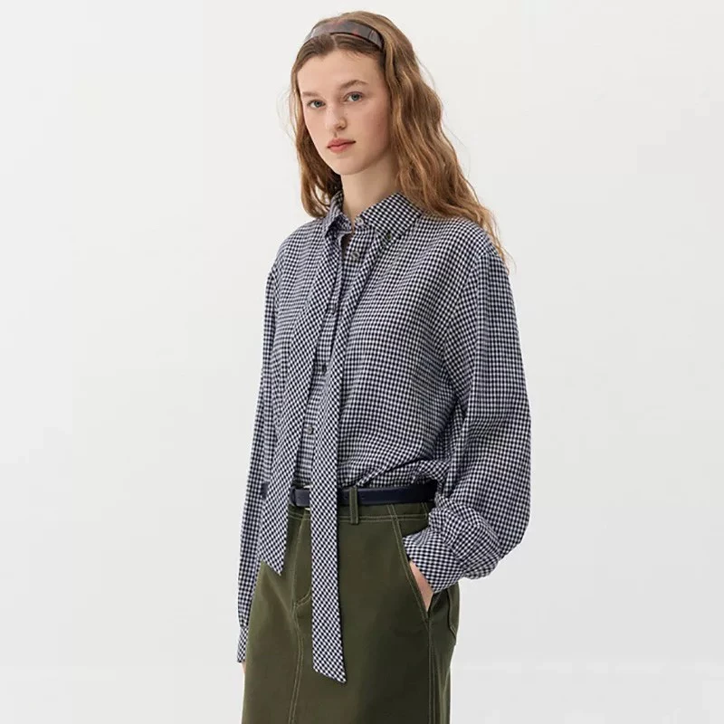 

Detachable Sa Design irt Women's Skin-friendly Plaid Pattern Spring Summer Anti-aging Versatile Comfortable Commute Sle