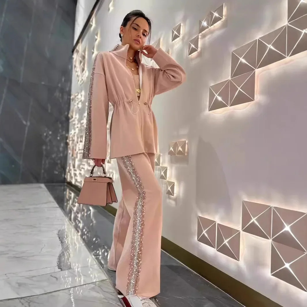 

Топ с завязками на талии, широкие брюки, комплект из двух предметов, модная женская одежда 2024, новинка весны и осени, однотонный цвет High Street