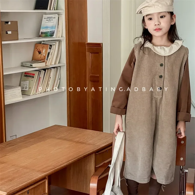 

2024 Autumn New Children Corduroy Overalls Boys Girls Loose Strap Trousers Baby Solid Sleeveless Jumpsuit Kids Casual Pants