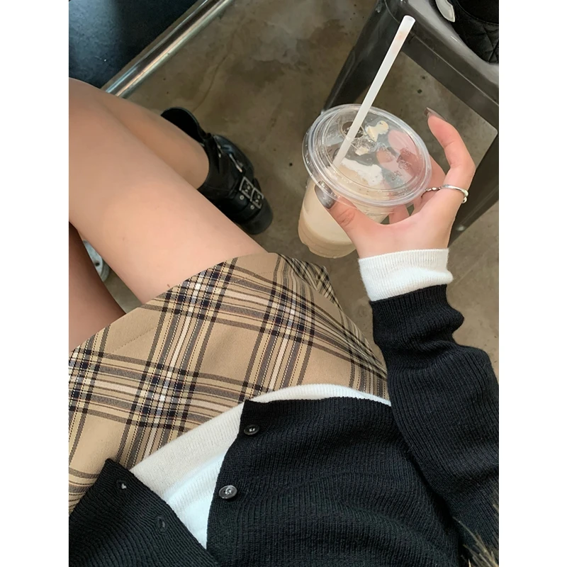 SALIENCY 2025 Damska Wiosenno-Letnia Moda Prosta Vintage Krata Codzienna Uniwersalna Dojazdy Do Pracy Spódniczka Mini A-line z Wysokim Stanem Mujer