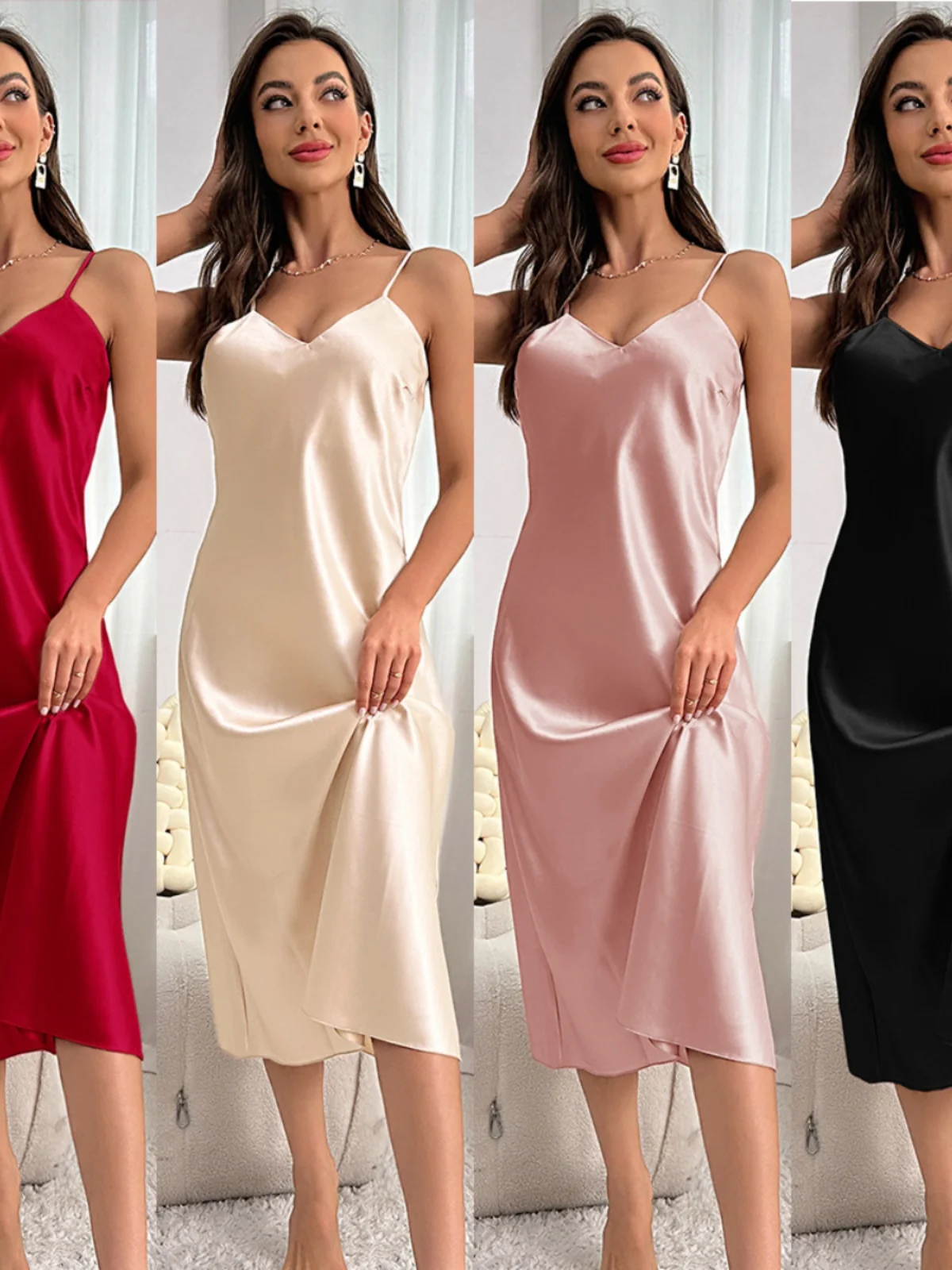 

Sexy Women's Suspender Pajamas Fashionable Home Clothes V-neck Mid-length Sleep Dress Four Seasons Suitable Home Clothes