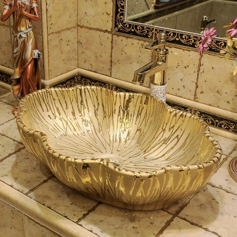 European-style countertop basin, gold ceramic wash basin, light luxury, personalized creative art, beauty salon, bathroom basin