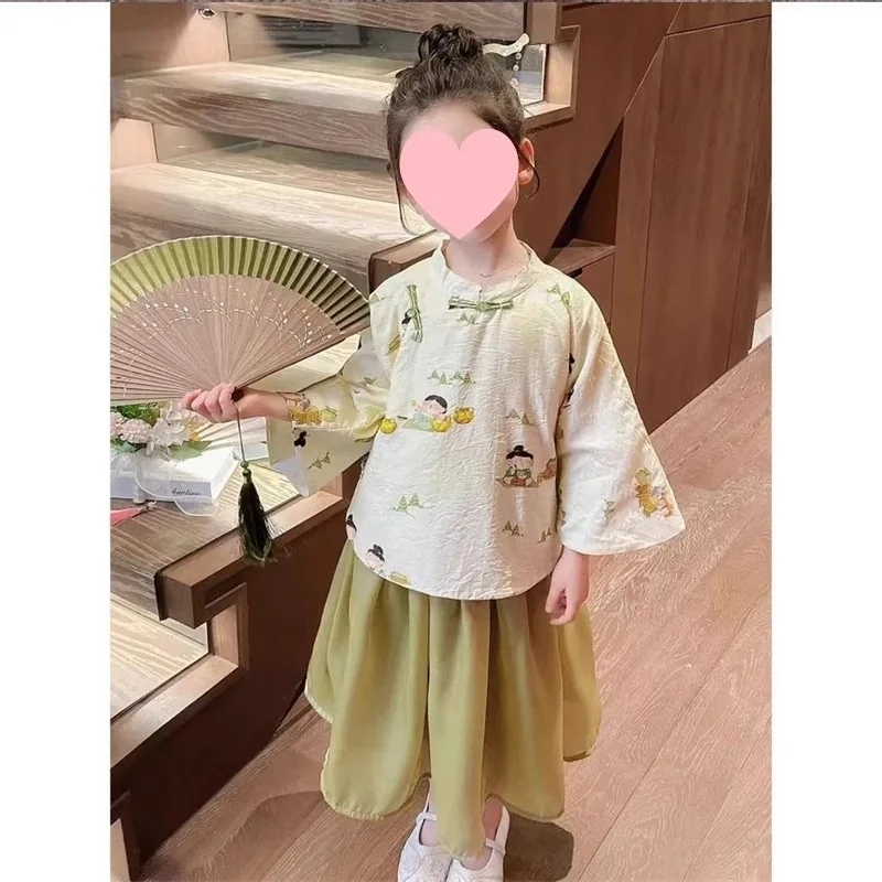 

Girls Two Piece Set 2024 Summer New Printed New Chinese Style Short Sleeved Skirt Casual Simple Fashion Loose Sweet Active Cute