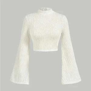 Female flare with simulated neck, short -sleeved short blouse, casual black t -shirt, streetwear slim fit, y2k clothing, monochrome blouse, autumn, winter 10 Main Sales Women's High Collar Blouse - №5