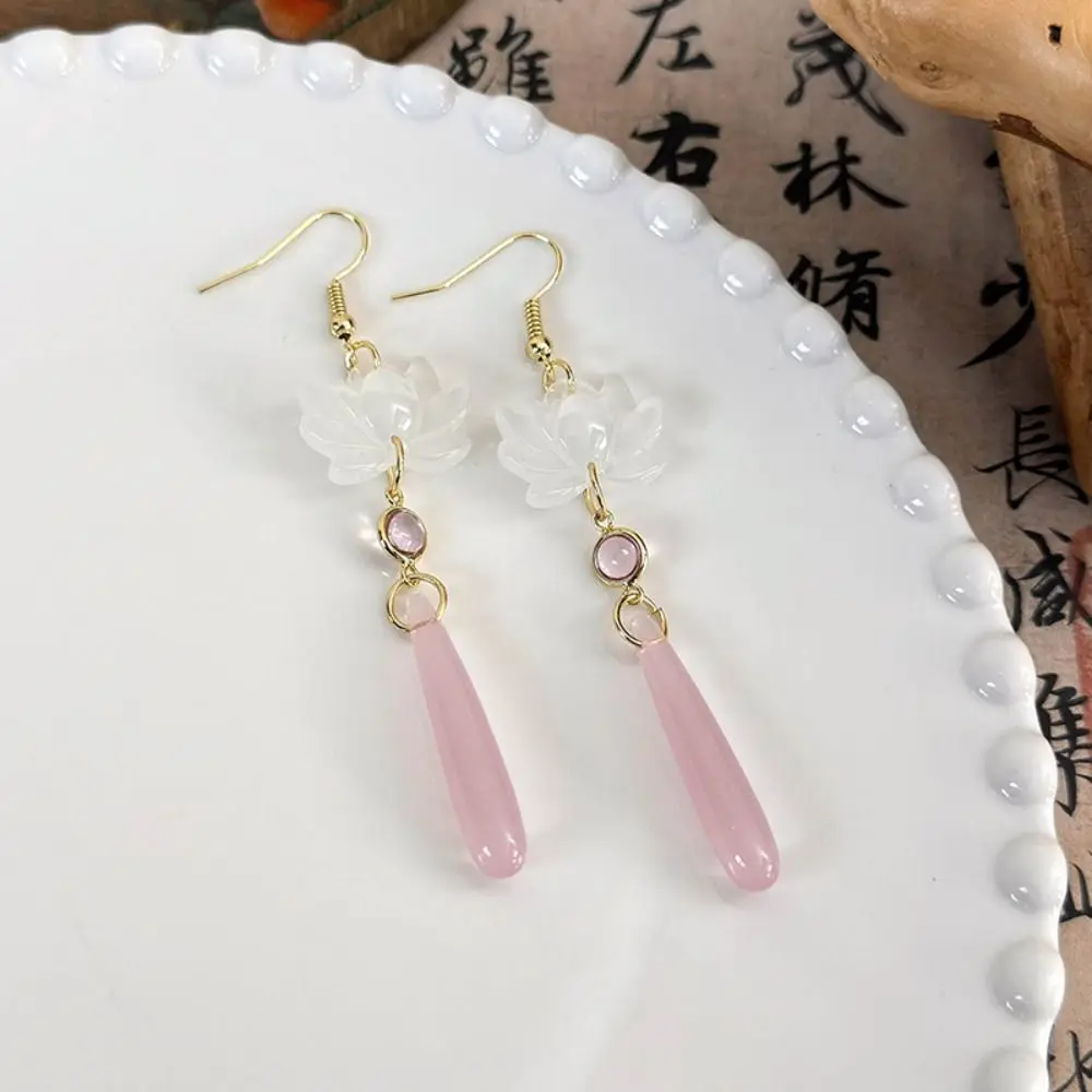 Simple Lotus Pendant Ear Hooks Retro Handmade Chinese Classic Earrings Elegant Chinese Ancient Style Lotus Water Drop Earrings