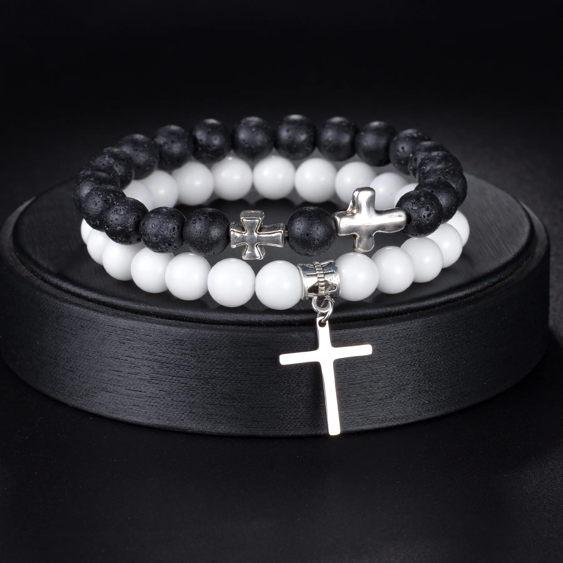 New Fashion Cross Pendant Natural Bead Bracelet Men Popular 8mm Lava Black White Beaded Bracelet For Women Jewelry Gift