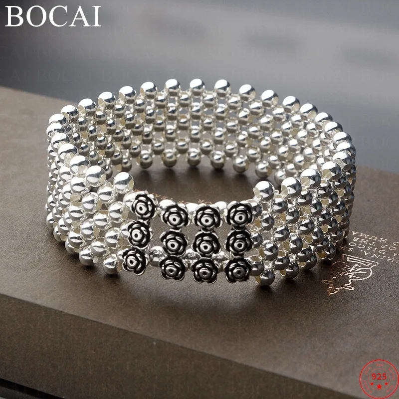 BOCAI S925 Sterling Silver Bracelets for Women Emboss Rose Tassel Beads-Chain 21mm Bangle New Fashion Jewelry Wholesale