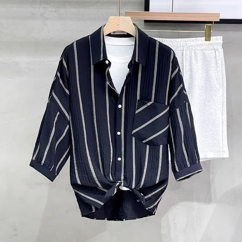 Extra Large Size Ice Silk Vertical Striped High-end Shirt Men's Short-sleeved Hong Kong Style Trendy Loose Casual Shirt Summer