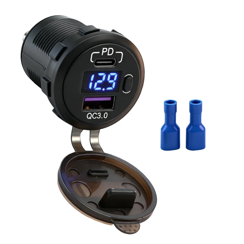 

Быстрое зарядное устройство 12 В/24 В, алюминиевое автомобильное зарядное устройство QC3.0 + PD USB с кнопкой переключения, светодиодный дисплей напряжения для автомобилей, лодок, мотоциклов