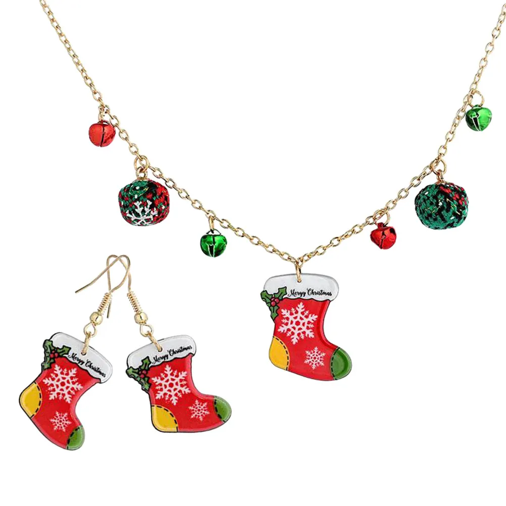 1Set Christmas Socks Earrings Necklace Set Festive Holiday Jewelry for Women Dangle Earrings Bell Charm Stocking Pendant Xmas