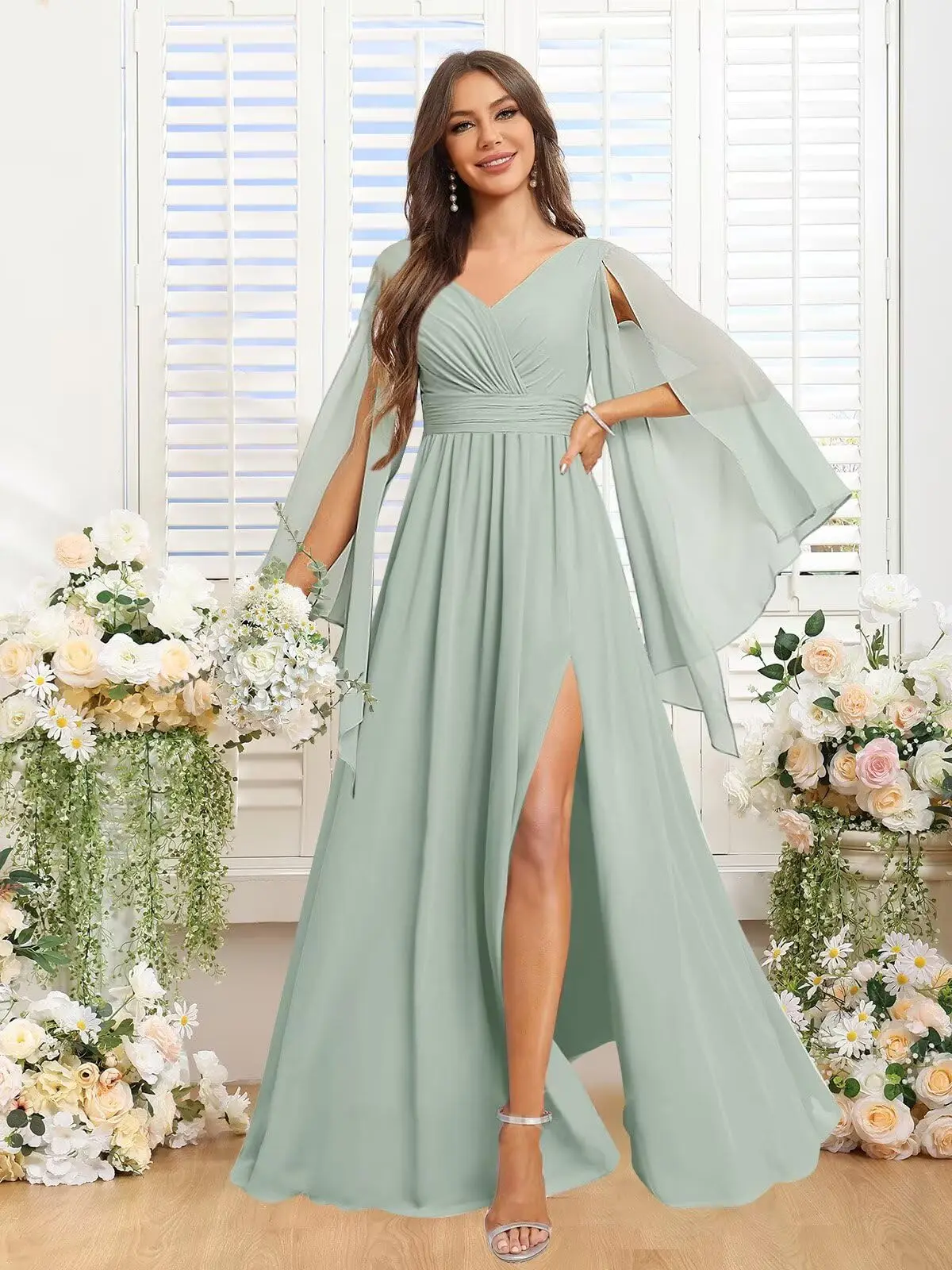 

Women's Long Sleeve Chiffon Bridesmaid Dress Side Slit V Neck Formal Evening Gowns