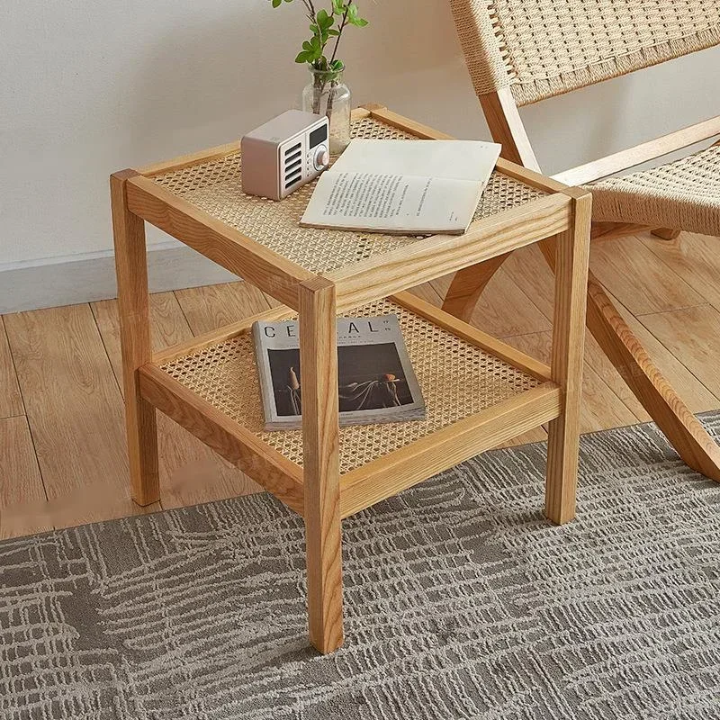 

Ash Wood Side Table Sturdy Woven Small Table Strong Support Corner Stand Eco-Friendly Small Coffee Table Balcony Living Room