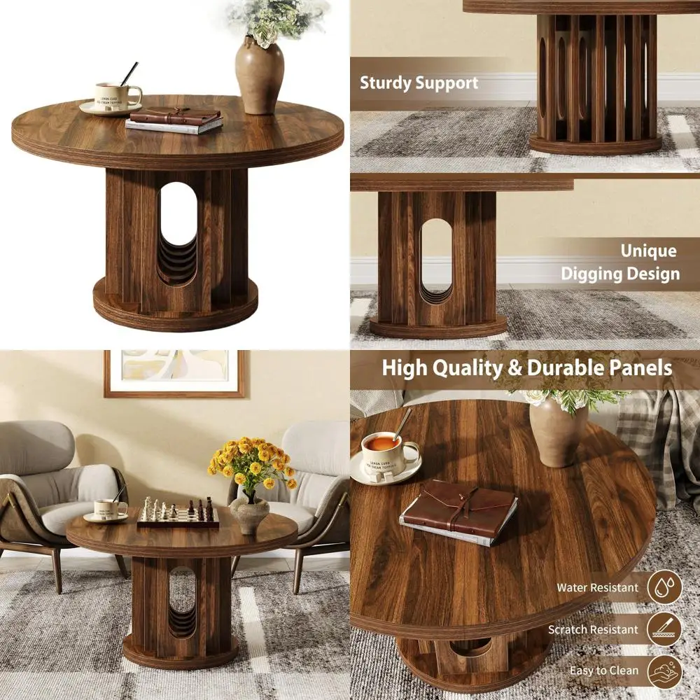 

Ореховый круглый журнальный столик 31,5 с отделкой из орехового дерева с деревянным центром и сложенной панелью для гостиных