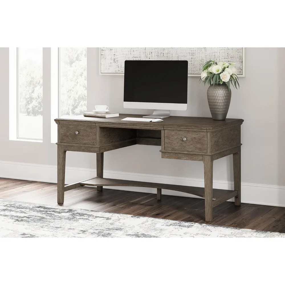 Ashley Furniture Janismore Traditional Home Office Storage Leg Desk with 2 Drawers and USB Charging Ports in Weathered Gray