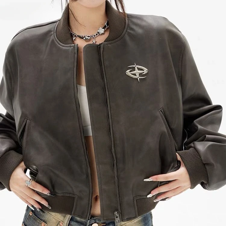 American retro brown loose short motorcycle leather jacket 2023 new autumn style jacket winter clothes women oversized hoodie