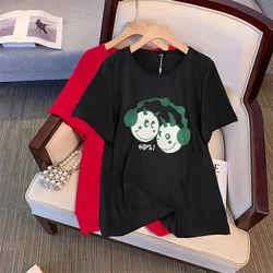 150Kg Plus Size Women's Bust 156 Summer Loose Casual T-Shirt Cartoon Print Short Sleeved Top Black Red 6XL 7XL 8XL 9XL 10XL