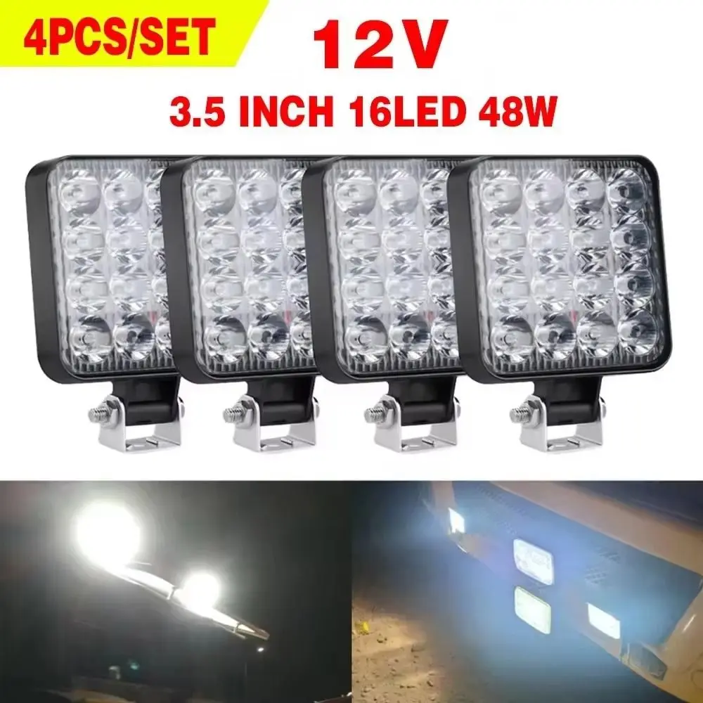 4PCS 12V Car LED Work Lights Mini 16LED Driving Assistance Lights Off Road Spotlight Plastic Car Headlights for for Jeep Truck