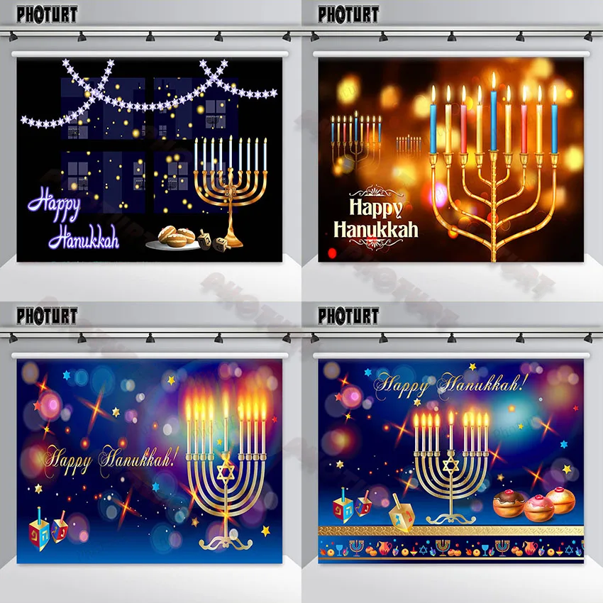 PHOTURT Happy Hanukkah Photography Backdrop Food Party Decoration Hogata Festival Jewish Holidays Candles Polyester Photo Studio