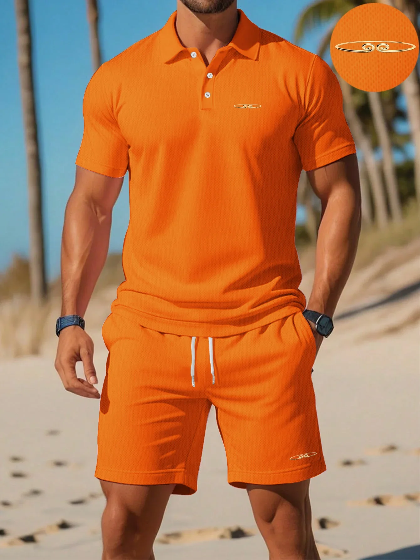 

Men's Orange Mesh Gold Badge Printed Polo Shirt and Shorts Two-piece Quick Drying Casual Sportswear Set