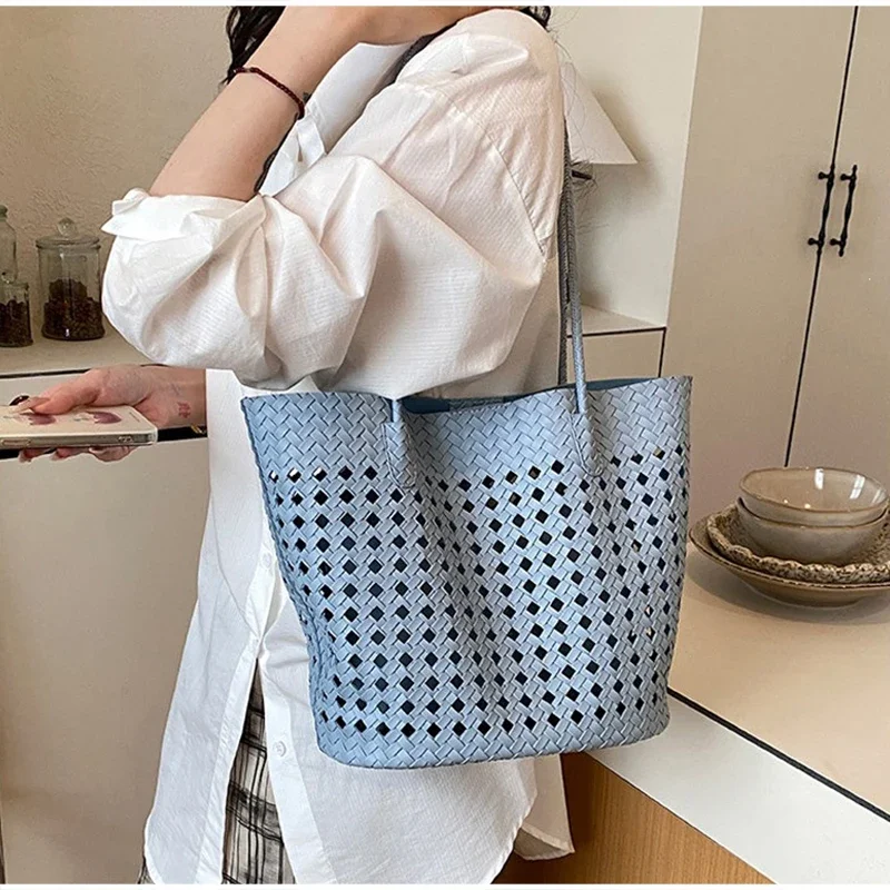 Rattan-Geflochtene Hohle Schultertasche mit Passender Geldbörse, Sommer-Shopper für Markt, Strand und Pendeln, Leichte Handtasche mit Offener Webung – Detail 25