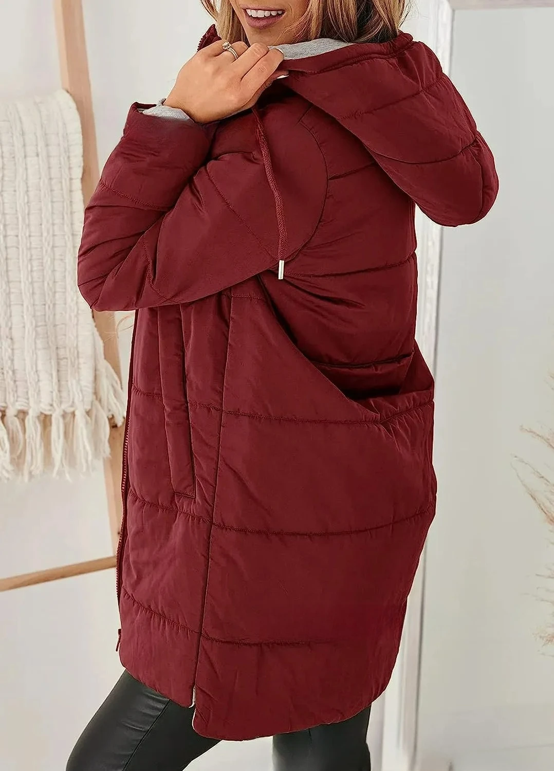 Damska kurtka zimowa z kapturem, bawełniana, dopasowany krój, długi rękaw, jednolity kolor, kieszenie, odzież wierzchnia, 2025