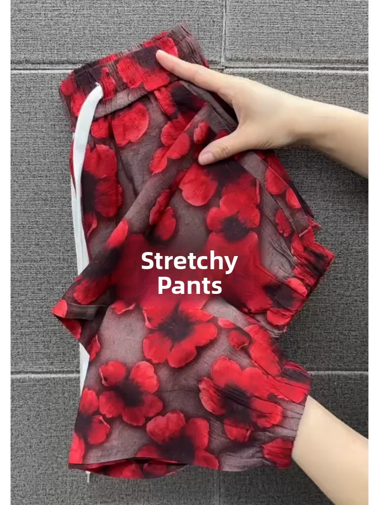 

Faionable цветочный принт фонарь брюки Харлан женские летние тонкие ледяные шелковые свободные утягивающие повседневные брюки с высокой талией девять очков