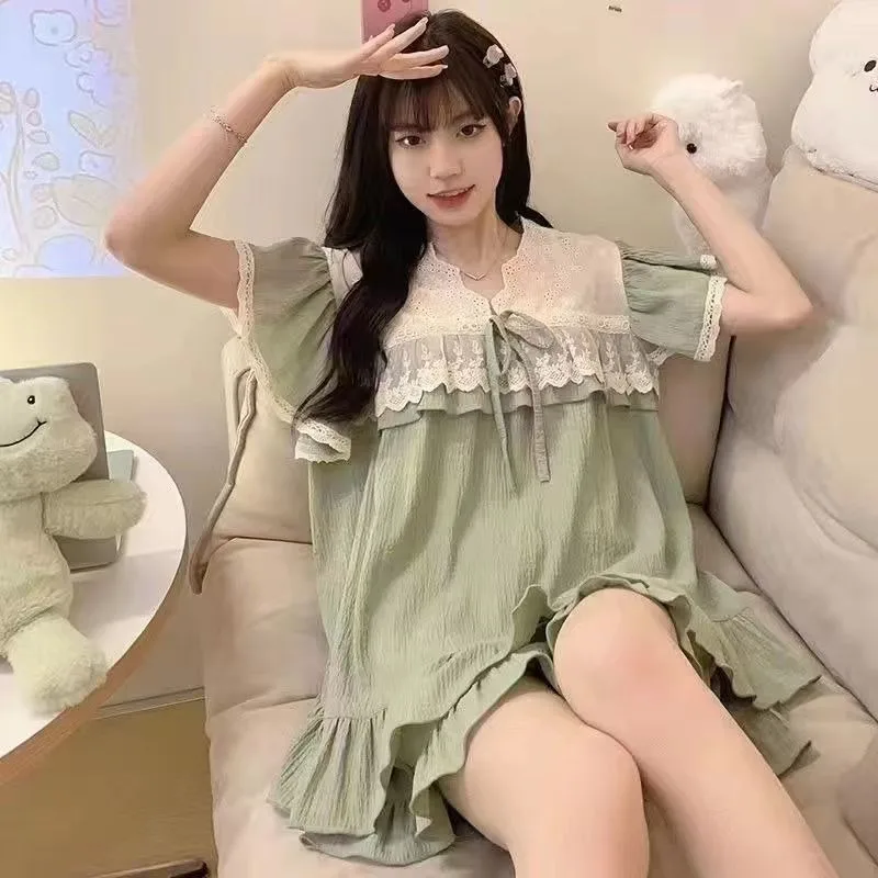 New Good-looking Sleepshirts Princess Style Lace Short Sleeve Peplum Loose Nightgown Ladies Home Wear  Summer Style pajama Sets