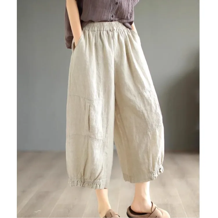 Women's Pure Color Linen Wide Leg Pants Elastic Waist Loose Slimming Casual Trousers High Waist Nine Points Summer Faion