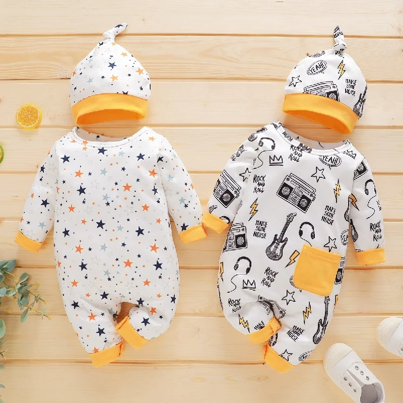 Newborn Baby Boy Bodysuit Stars Print Cotton Long Sleeve Romper Jumpsuit Toddler Boy Clothes 0 to 12Months Baby Clothes with Hat