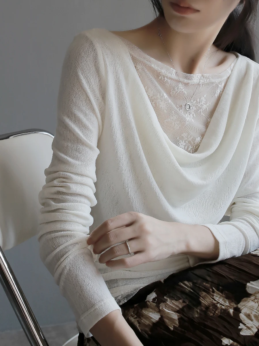 

Ele Design Camere Вязаный свитер женский облегающий двухслойный кружевной топ из двух предметов Ele Sle из мягкой ткани, длинный ...