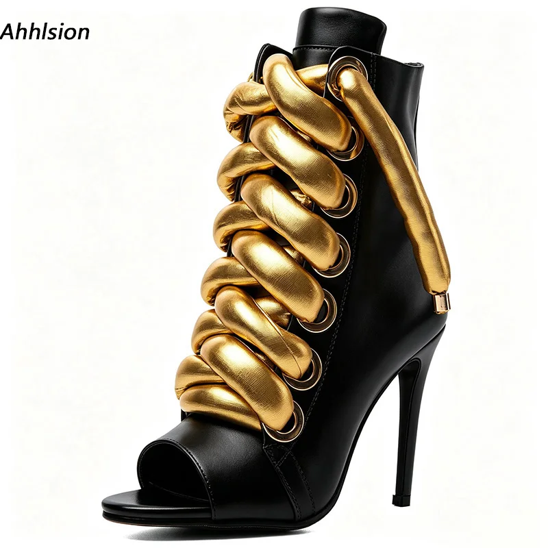 Ahhlsion Handmade Women Peep Toe Ankle Boots Luxury Thick Gold Lace Up Decor Stiletto High Heel Short Booties US Plus Size 5-20