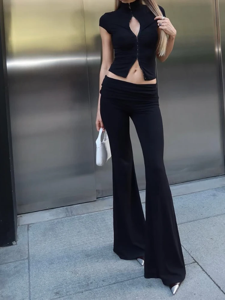 

Новый женский модный комплект брюк с короткими рукавами, шикарный облегающий топ на молнии, прямые брюки с низкой талией, повседневная уличная одежда, наряд для поездок на работу