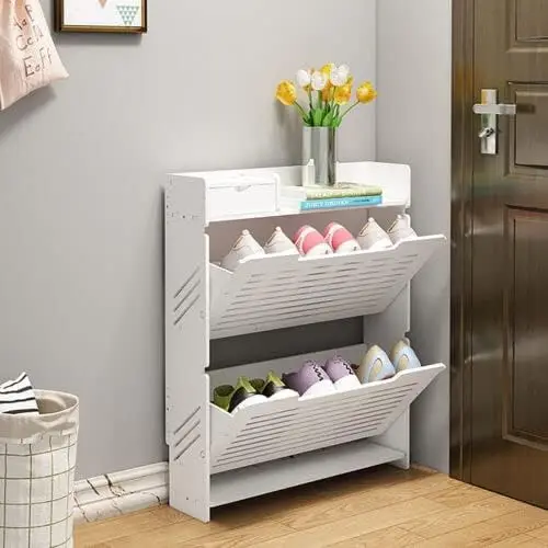 

2 Tier Freestanding Shoe Cabinet W/Flip Drawers Pvc Shoe Ra Shoe Storage Ultra-Thin White(2 Tier Shoes Storage Cabinet)