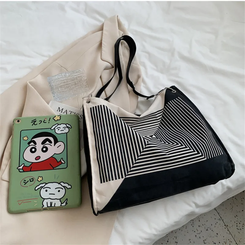 Female Shoulder Canvas Bag New Design Geometric Stripe Print Bags Hit Color High Capacity Underarm Tote Bag Сумка Женская Сумки