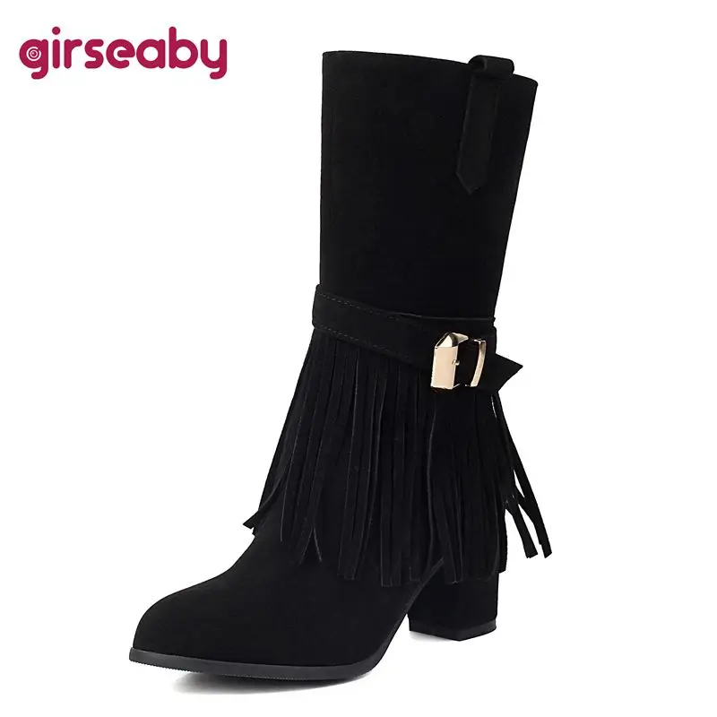 Girseaby 2024 Fashion Women Boots Flock Suede Chunky Heels 6.5cm Zipper Belt Buckle Fringe Plus Size 41 42 43 Party Dating Bota