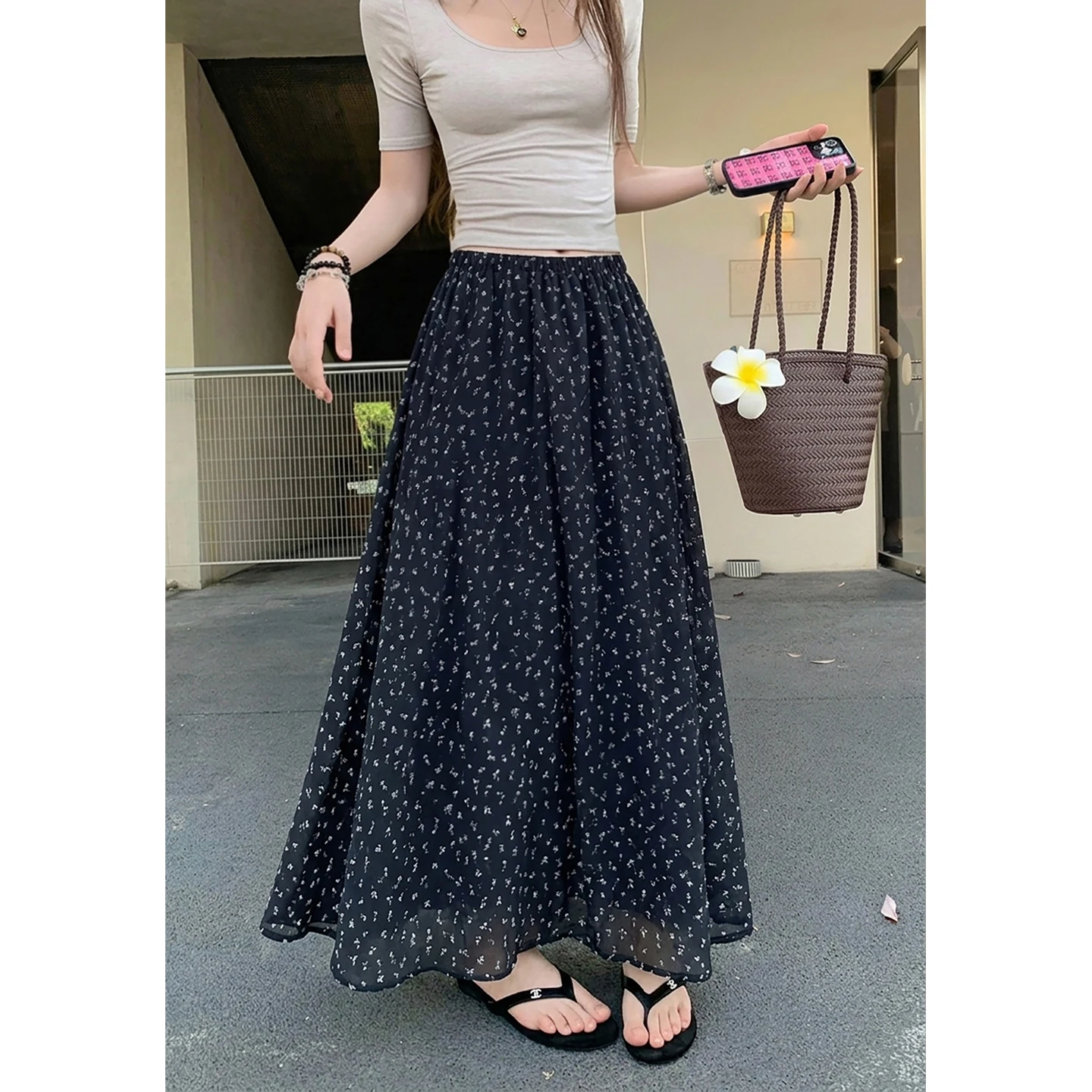 

High Waist Loose Fit Floral Print Midi Skirt Women's Summer New Style Casual Loose Drapey Long Skirt Lazy Style Dark Blue