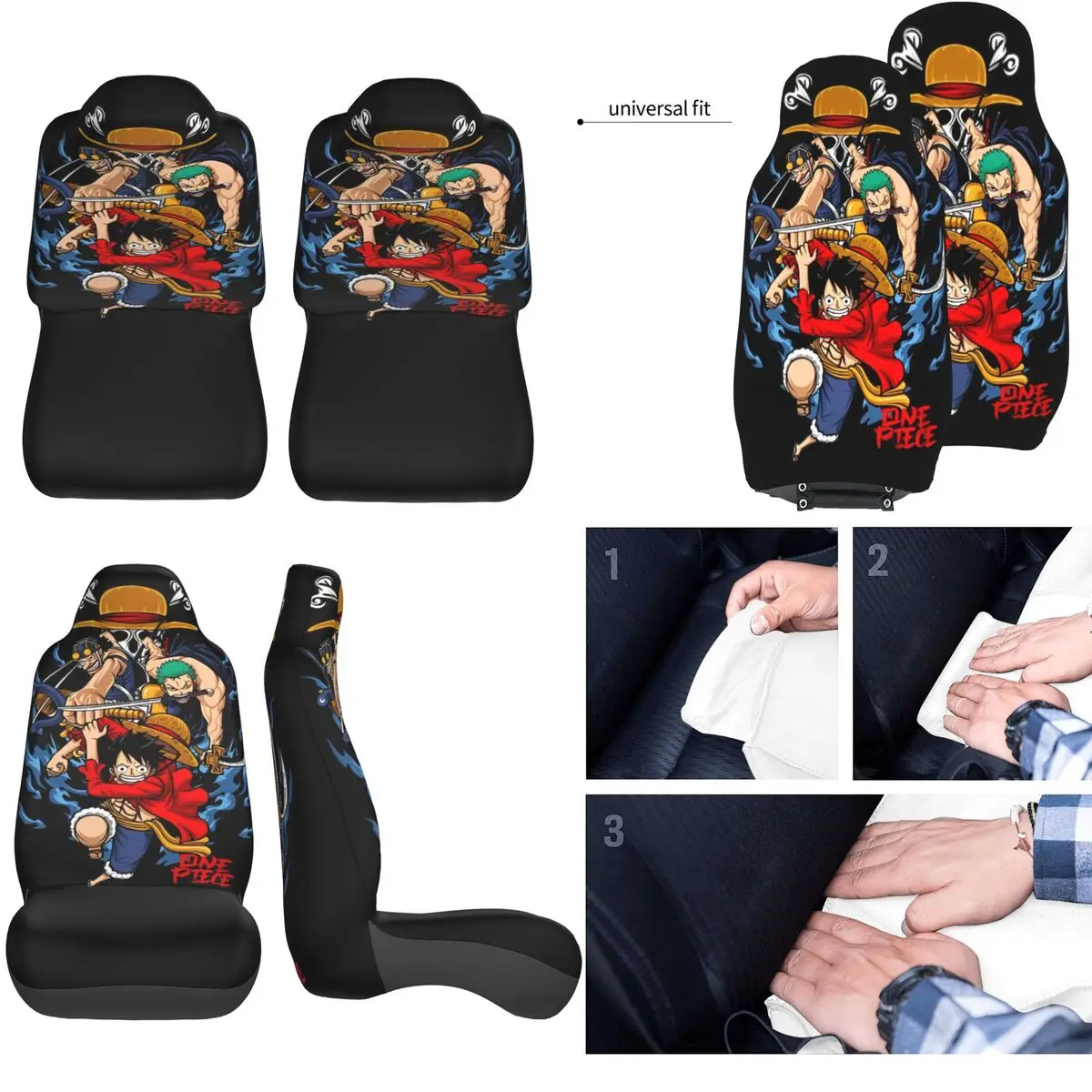 One Piece Anime Manga Universal Car Seat Cover Four Seasons For SUV Luffy Zoro Front Rear Flocking Cloth Cushion Car Styling view 6
