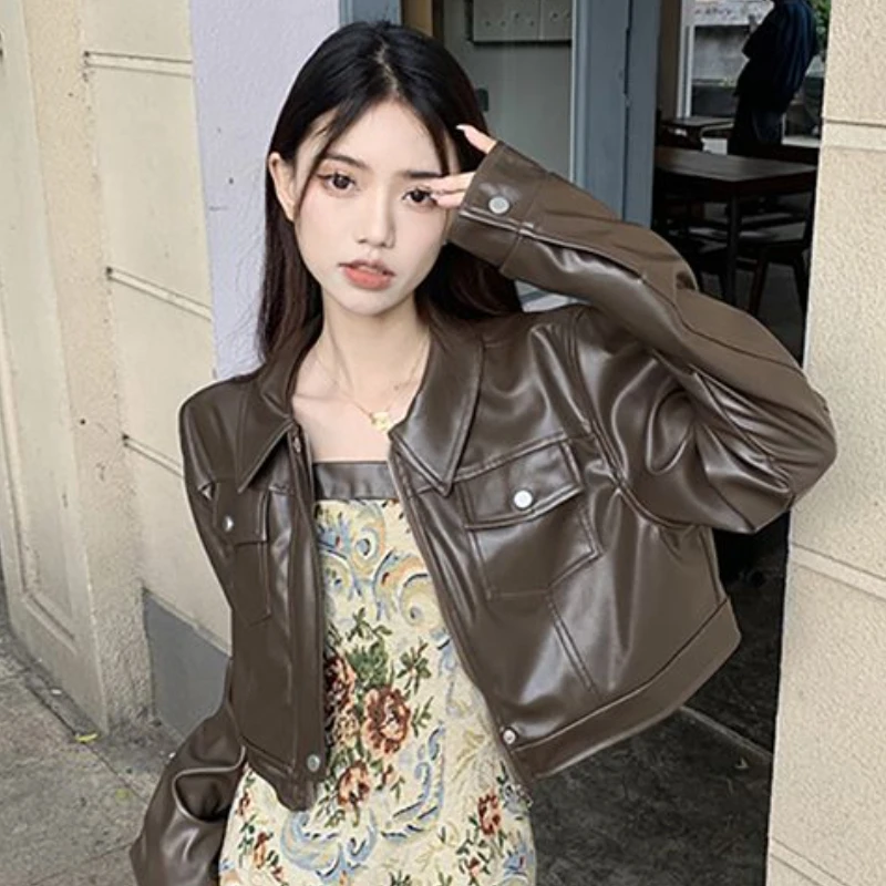 PU Jackets Women Crop Solid Vintage Spring Baggy Streetwear Outwear Unisex Fashion Casual All-match Simple New Korean Style Chic