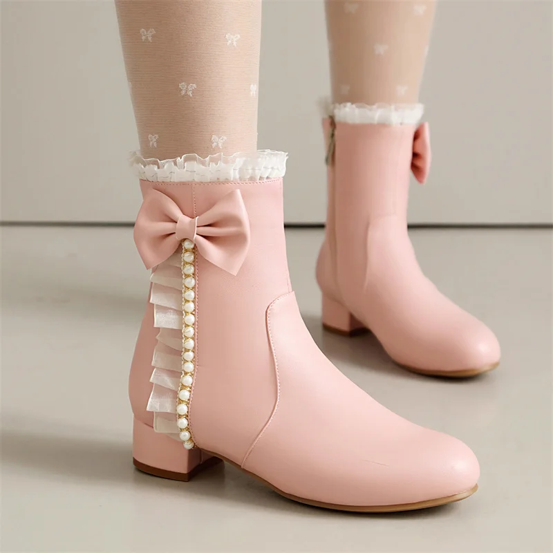 

YQBTDL 2025 Winter Princess Boots Girls Booties Thick Heel Low-heel Pink White Black Side Zippe Lace Bow Party Girls Shoes 12+y