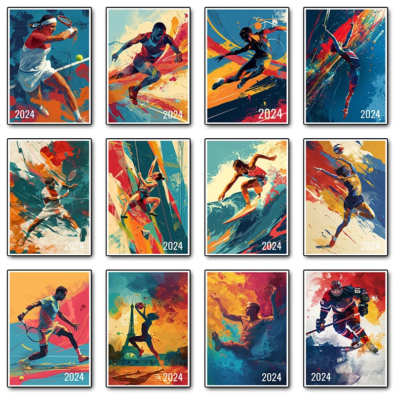 Pósteres coloridos de competición deportiva, Judo, bádminton, gimnasia, Juegos Olímpicos, impresión en lienzo, imagen artística de pared para regalo de decoración del hogar, 2024