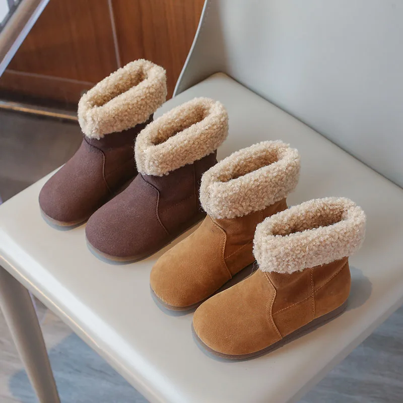 

2024 Winter New Children Short Boots for Girls Fashion Korean Style Soft Bottom Versatile Anti-slippery Chic Plush Leather Shoes