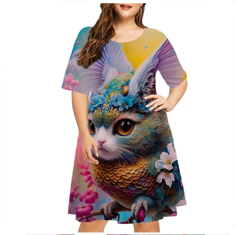 Girls Summer Dress Women's Fashion Short Sleeve Party Dress Funny Cute Cat ​Women Dress Loose Plus Size Dress Elegant Clothing