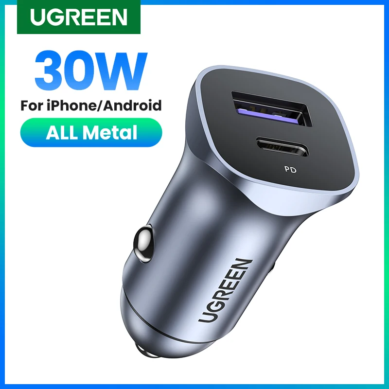 

UGREEN 30W Car Charger Dual Port QC 4.0 3.0 Fast Charging For iPhone 14 13 12 Xiaomi Huawei Samsung Supercharge Type C Charger