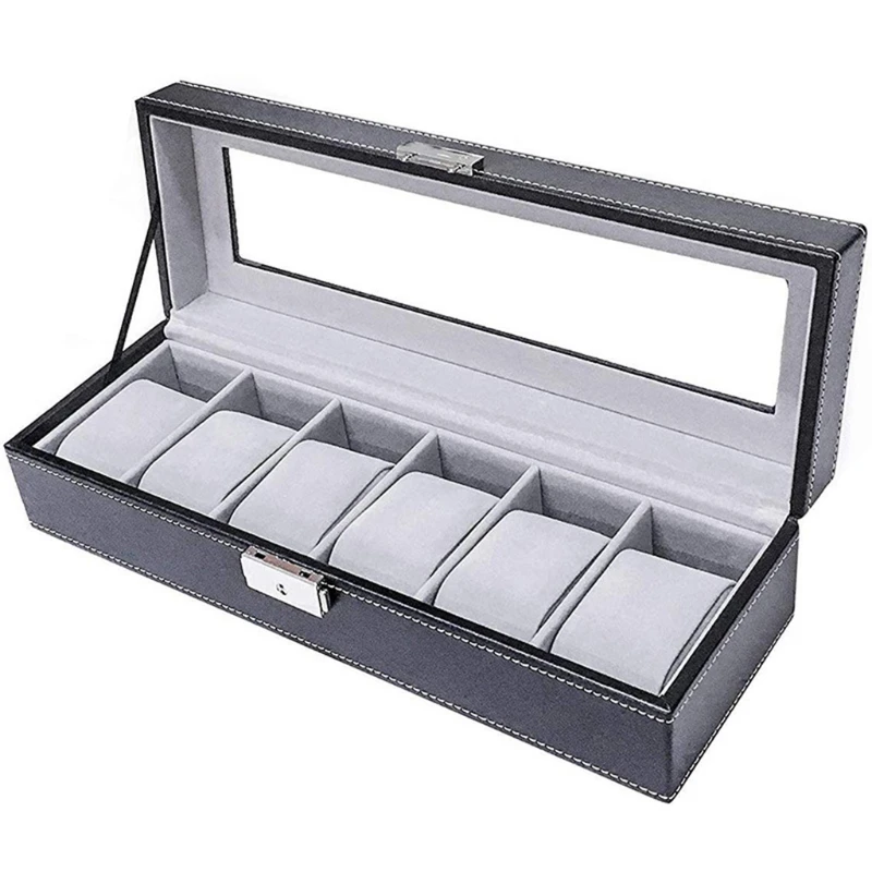 6 Slot 1-Word Lock Watch Box Jewelry Storage Box Display Showcase for Cufflinks Earrings Ring Bracelets Charger Jewelery