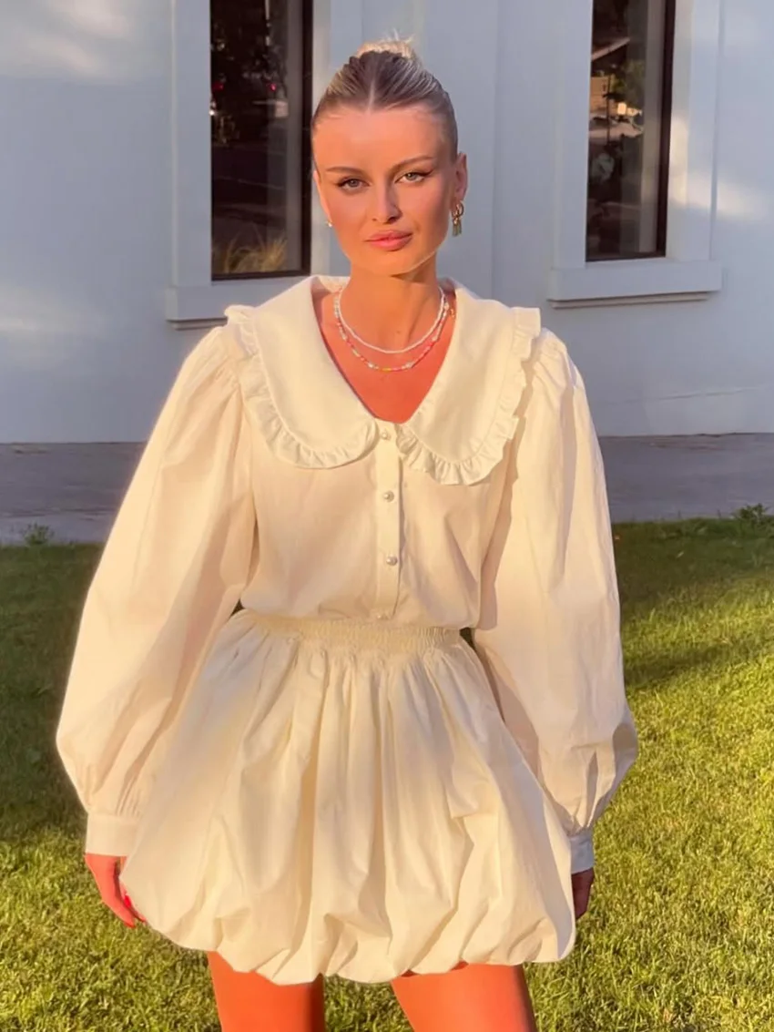 Marthaqiqi ملابس نوم نسائية غير رسمية مجموعة بدوره إلى أسفل طوق منامة طويلة الأكمام ملابس خاصة التنانير القطن المرأة ثوب النوم 2 قطعة دعوى