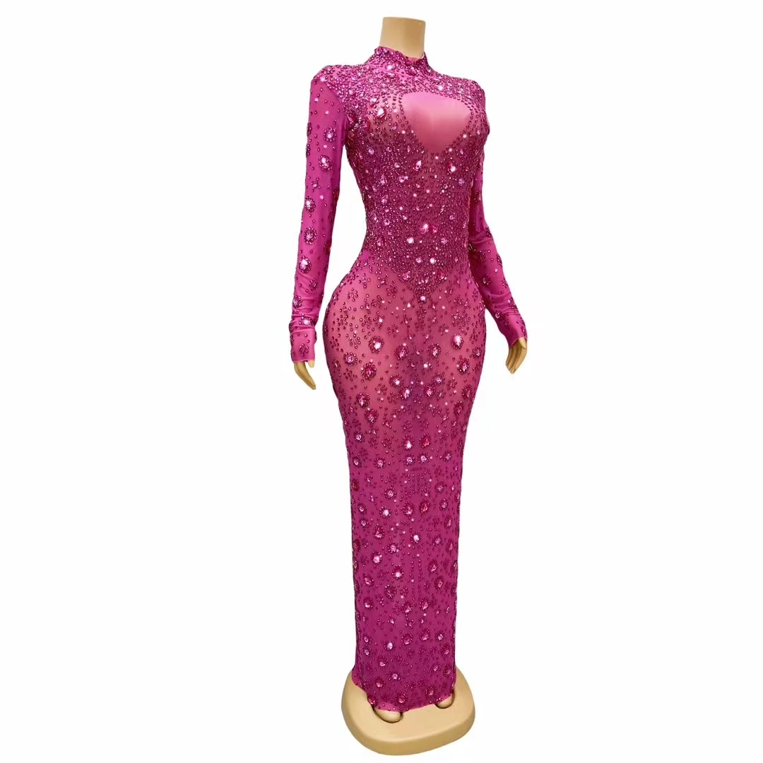 Sparkly Rose Pink Diamonds Long Dress Women Elegant Celebrate Evening Dress Wedding Prom Birthday Party Dress Photo Shoot Wear