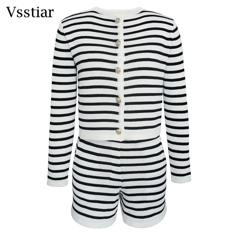 Vsstiar Fashion Striped Women Two Piece Set Long Sleeve Single Breasted Crop Top Knitted Pockets Shorts Elegant Casual Suits